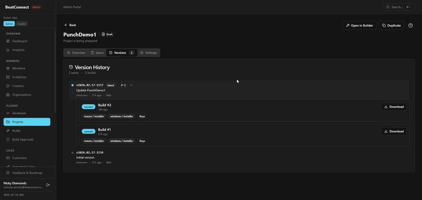 Version history — build status, downloadable artifacts for macOS and Windows installers