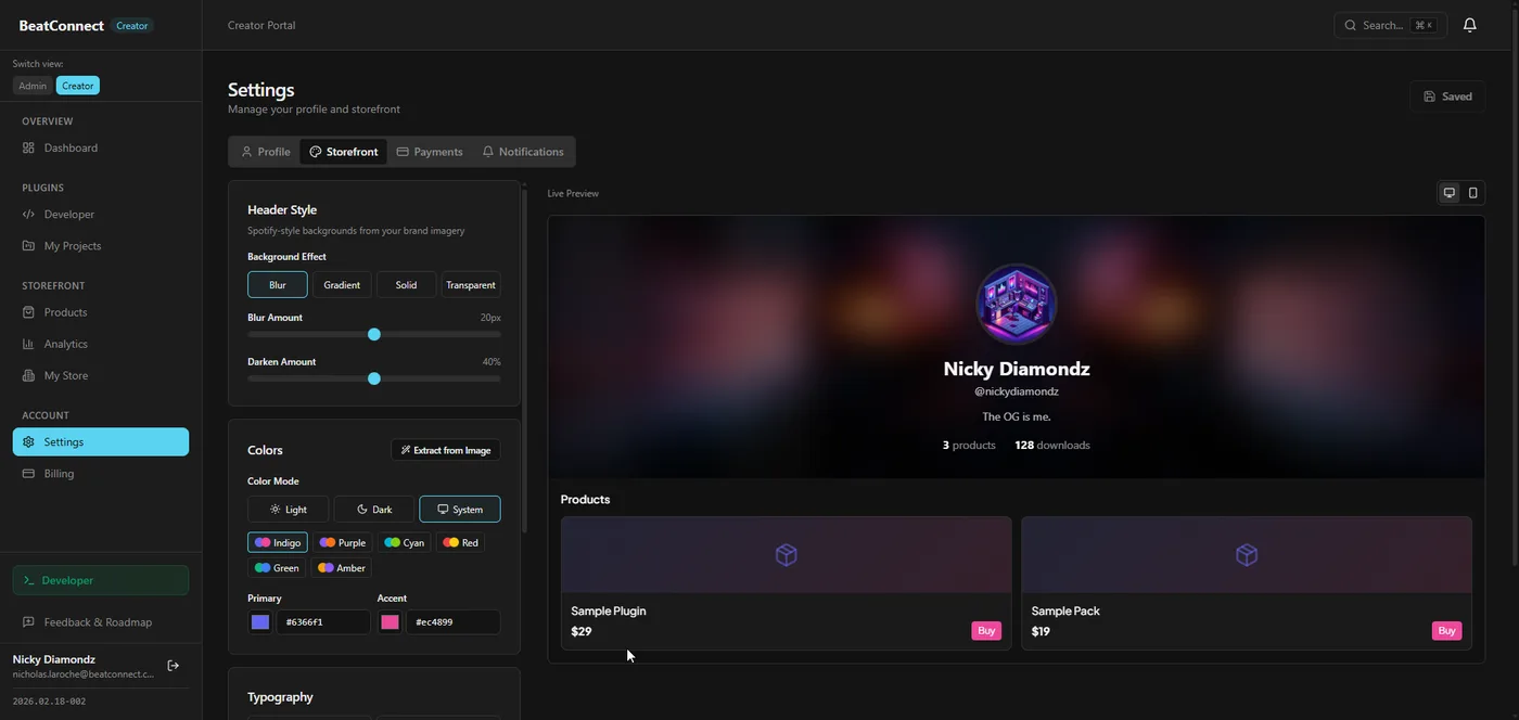 Storefront settings — header style, color themes, and live preview