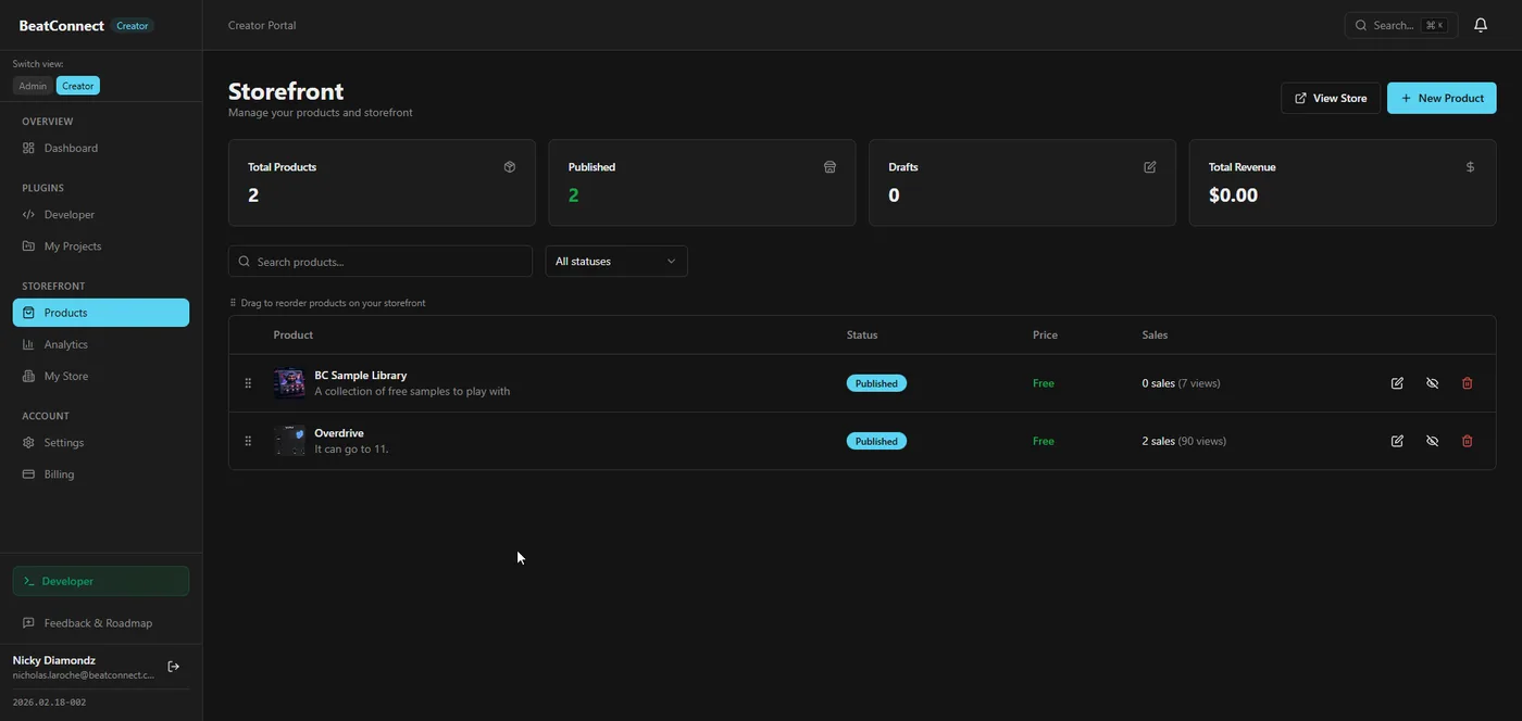 Product management — published products, sales tracking, and inventory