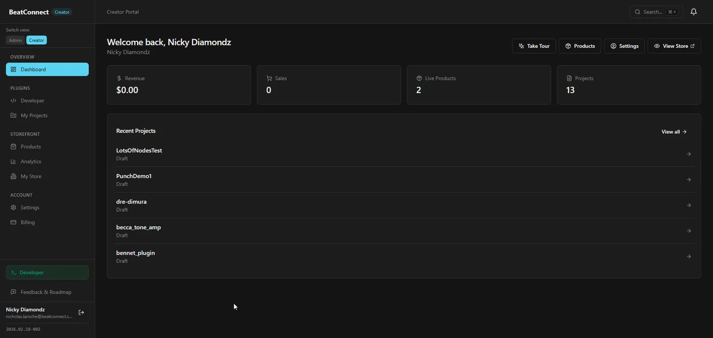 Creator dashboard — projects, products, revenue, and quick actions