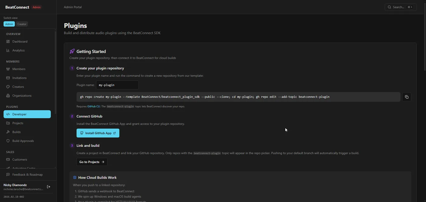 Developer SDK — getting started guide with repo creation, GitHub App integration, and cloud builds