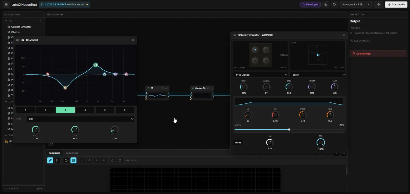 Advanced editing — parametric EQ curves and Cabinet Simulator with mic positioning