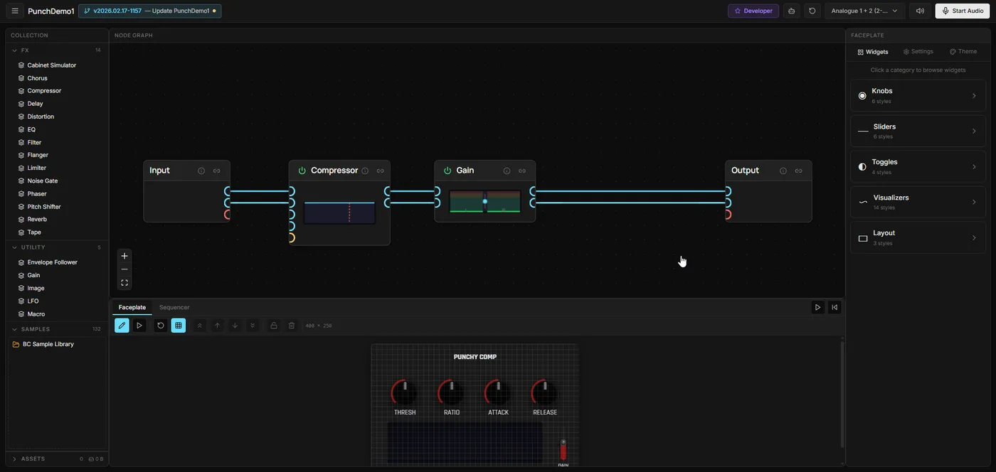 Plugin Builder — visual node editor with faceplate designer and real-time audio preview