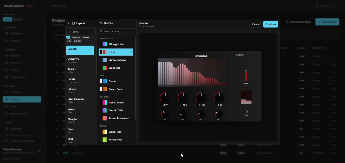 Project creation — layout, theme selection, and live plugin preview