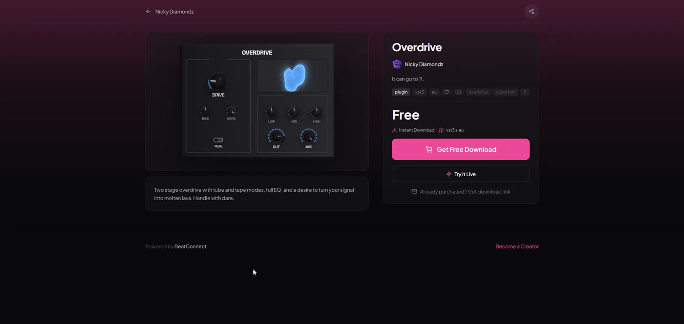 Product page — plugin preview, pricing, download, and "Try it Live" button