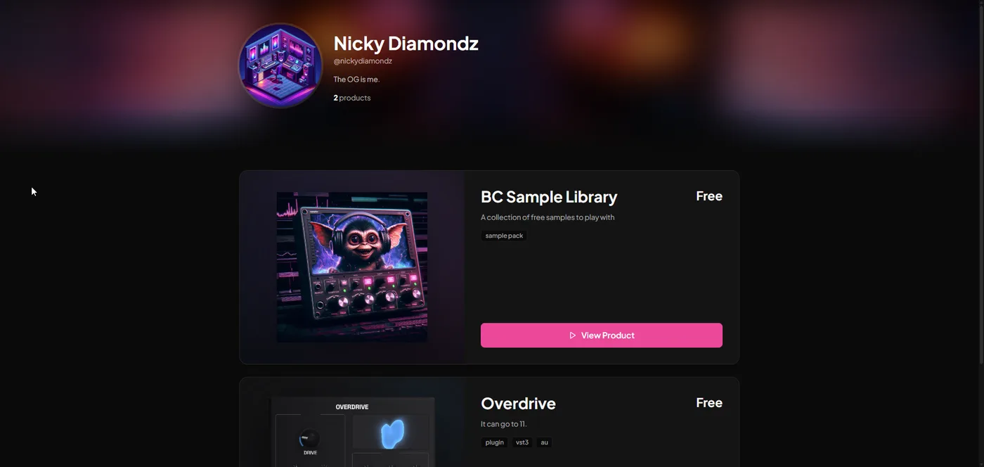 Creator storefront — branded page with published plugins and sample packs